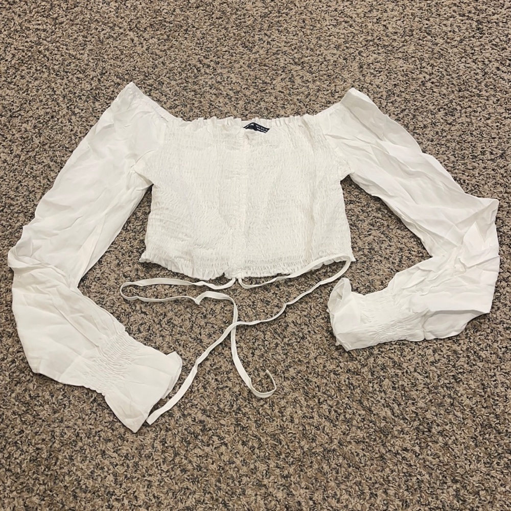 SHEIN Shirred Long Sleeve Tie Waist Crop Top